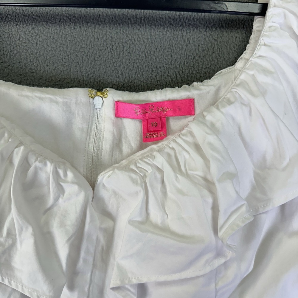 Lilly Pulitzer Top Size 10 White Pink Emie Ruffle Resort Beach Coconut Babydoll - Picture 5 of 11